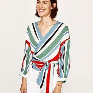 Zara Wrap Top Multi Color Stripes Women's Size Medium M